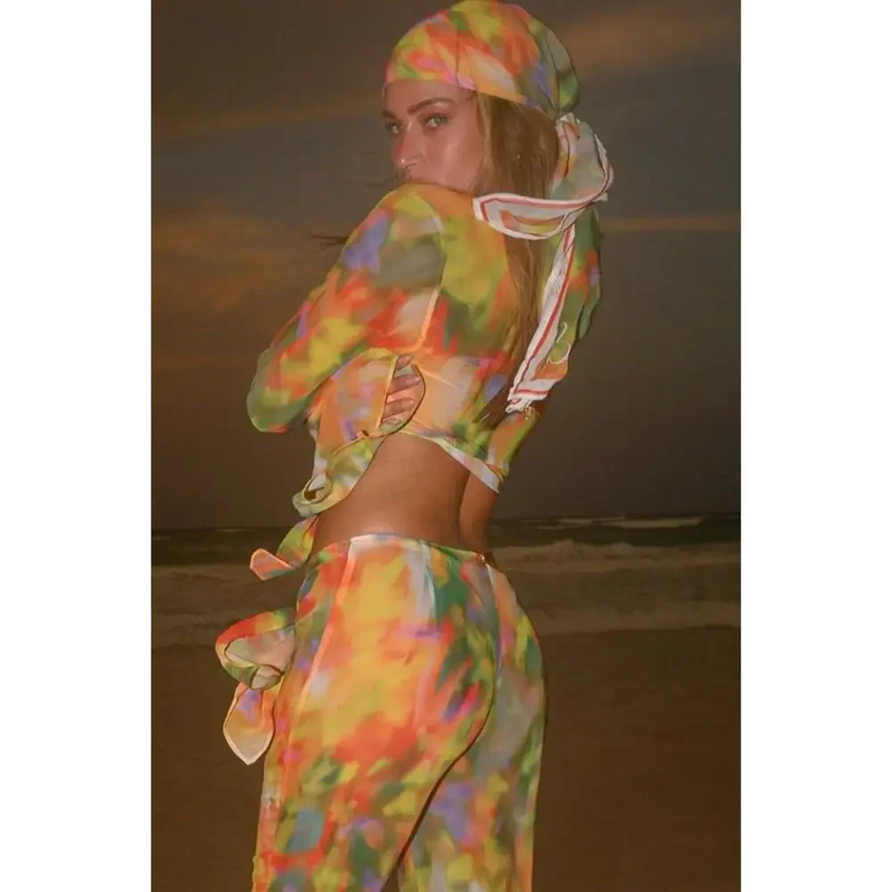 Bananhot Pants XS Lily Sunrise Chiffon Tie Waist Flare Multi Beach Resort Pool - Picture 2 of 14